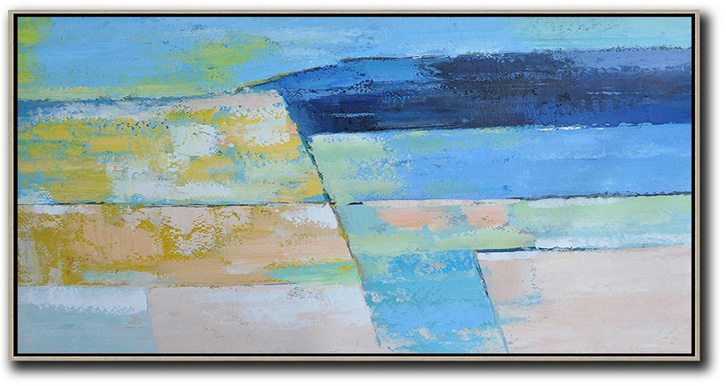 Hand Made Abstract Art,Horizontal Palette Knife Contemporary Art,Big Canvas Painting,Dark Blue,Ske Blue,Yellow,Pink.etc